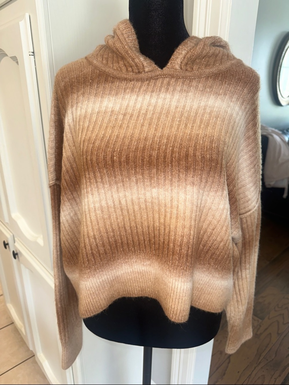 Offline by Aerie Ombre Hooded Ribbed Sweater in Tan and Cream